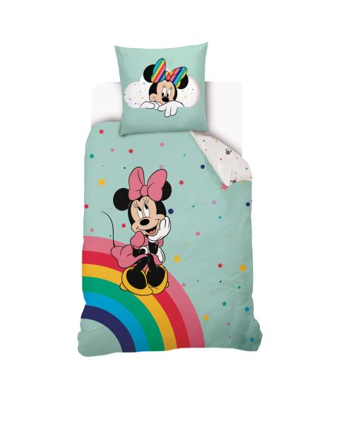 Housse de couette Minnie Disney Arc-en-ciel 140x200 cm + 1 Taie d'oreiller 63x63 cm - 100% Coton - Vert d'eau