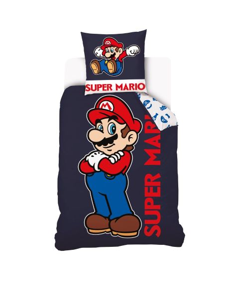 Housse de couette Super Mario 140x200 cm + 1 Taie D'Oreiller 63x63 cm - 100% Coton - Bleu Marine