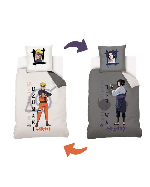 Housse de couette Naruto Shippuden Naruto & Sasuke 140x200 cm + 1 taie d'oreiller 63x63 cm - 100% Coton - Ecru/Gris