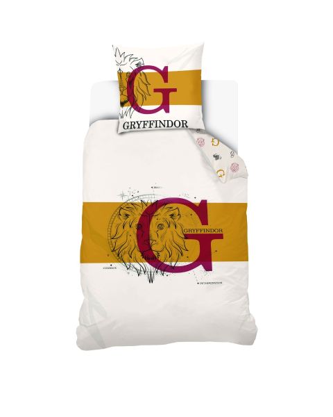 Housse De Couette Harry Potter Gryffondor Lion  140x200 cm + 1 Taie D'Oreiller 63x63 cm - 100% Coton - Blanche/Or