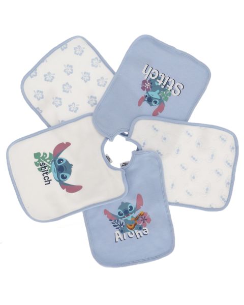 Lot de 5 bavoirs bébé Disney Stitch 100% coton motifs assortis bleu et blanc - Mode en Web