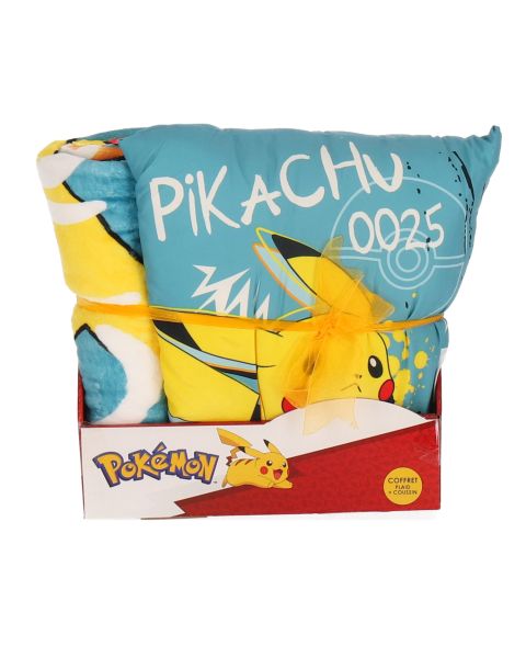 Coffret plaid et coussin Pokémon Pikachu - Plaid tout doux 100x140 cm et coussin carré 35x35 cm