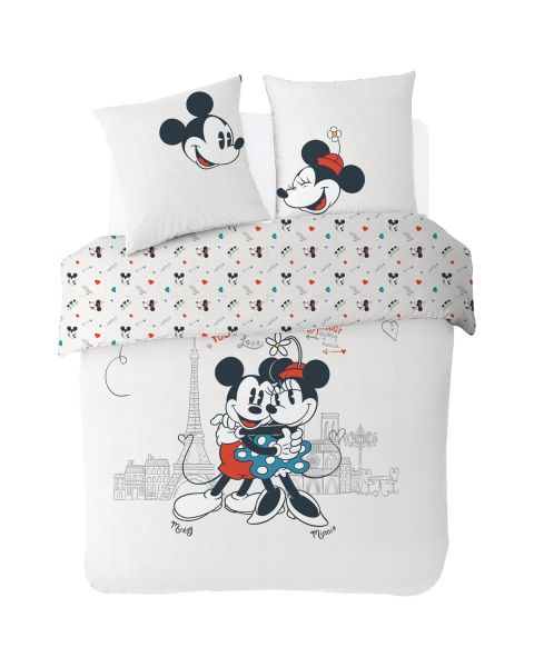 DISNEY - Housse de couette Disney Mickey et Minnie Paris Love - 2 personnes + 2 taies d'oreiller 63x63 cm - 100% Coton - Ecru