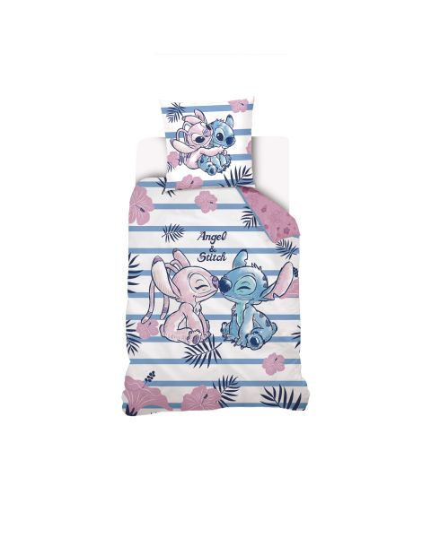 Housse de couette Disney Angel & Stitch 140x200 cm + 1 Taie d'oreiller 63x63 cm - 100% Coton Popeline - Rose