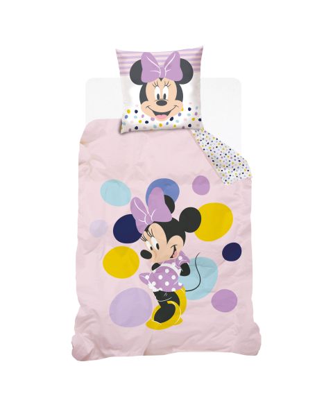 DISNEY - Housse de couette Disney Minnie à pois - 140x200 cm + 1 taie d'oreiller - 100% Coton - Rose