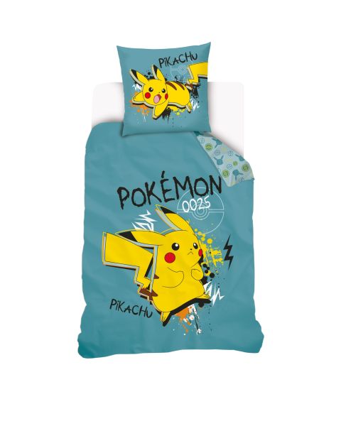 Housse De Couette Pokémon Pikachu Street 140x200 cm + 1 taie d'oreiller 63x63 cm - 100% Coton - Bleu