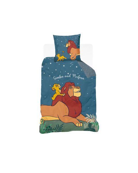 DISNEY - Housse de couette Disney Roi Lion Simba et Mufasa - 140x200 cm + 1 taie d'oreiller - Brille dans le noir - 100% Coton - Bleu Marine