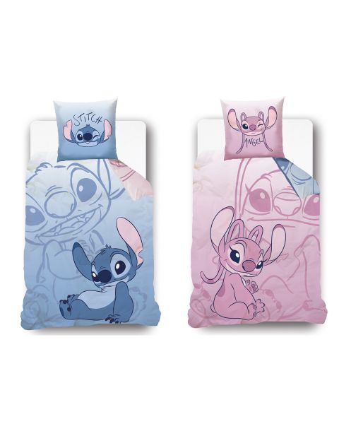 DISNEY - Housse de couette réversible Disney Stitch - Recto Stitch - Verso Angel - 140x200 cm + 1 taie d'oreiller 63x63 cm - 100% Coton - Bleu et rose
