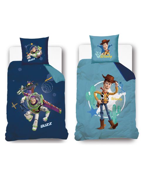 DISNEY - Housse de couette réversible Disney Toy Story - Recto Buzz l'éclair - Verso Woody -  140x200 cm + 1 taie d'oreiller - 100% Coton - Bleu