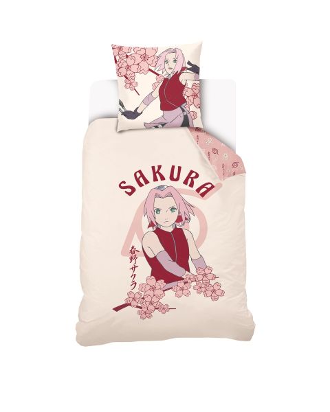 Housse de couette Sakura Haruno Naruto Shippuden 140x200 cm + 1 Taie d'oreiller 63x63 cm - 100% Coton - Ecru