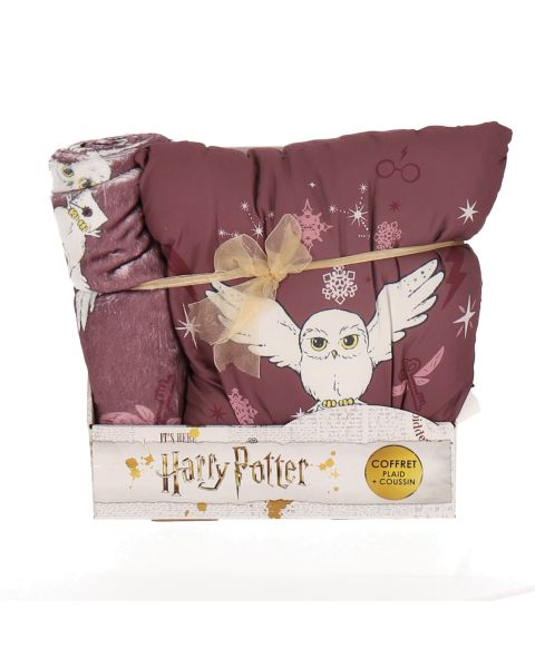 Coffret plaid et coussin Harry Potter Hedwige - Plaid tout doux 100x140 cm et coussin carré 35x35 cm