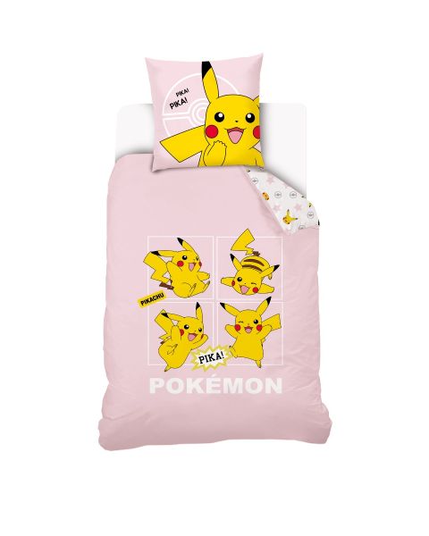 Housse De Couette Pikachu Pokémon 140x200 cm + 1 Taie d'oreiller 63x63 cm - 100% Coton - Rose Pale