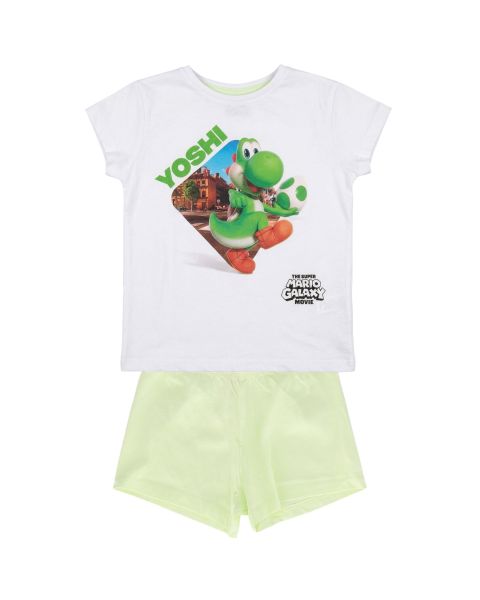 SUPER MARIO - Pyjashort Enfant Yoshi Mario Galaxy - 100% Coton - Style Sportswear Décontracté - Jersey doux 160 GSM - Blanc et Vert fluo