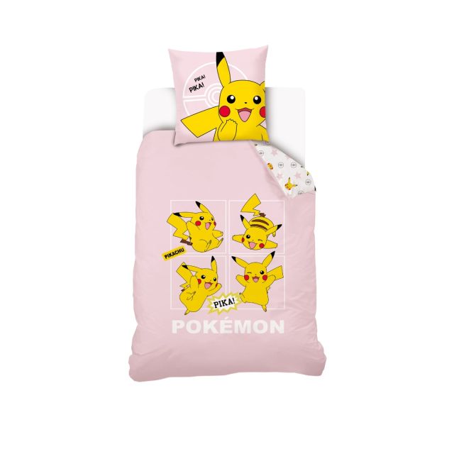Housse De Couette Pikachu Pokémon 140x200 cm + 1 Taie d'oreiller 63x63 cm - 100% Coton - Rose Pale