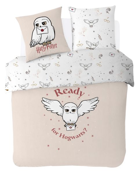 Housse De Couette Harry Potter Hedwige 2 personnes + 2 taies d'oreillers 63x63 cm - 100% Coton - Ecru