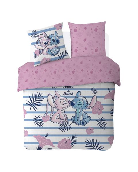 Housse de couette Disney Angel & Stitch 2 personnes + 2 Taies d'oreiller 63x63 cm - 100% Coton Popeline - Rose