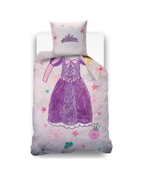 DISNEY - Housse de couette Disney Princess recto verso Raiponce et Belle - 140x200 cm + 1 taie d'oreiller 63x63 cm - 100% Coton - Ecru