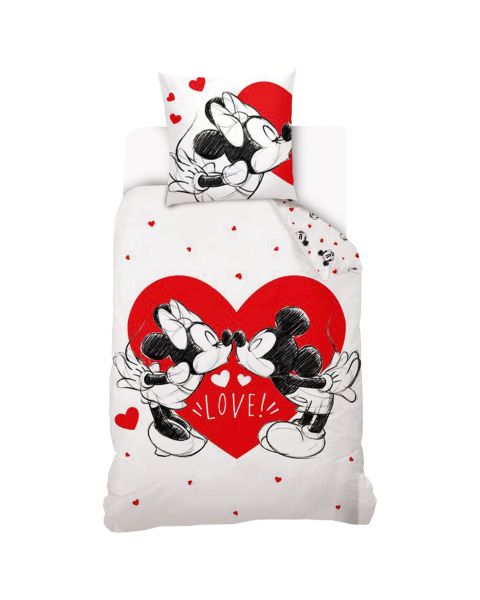 DISNEY - Housse de couette Disney Mickey et Minnie gros cœur - 140x200 cm + 1 taie d'oreiller 63x63 cm - 100% Coton - Blanc