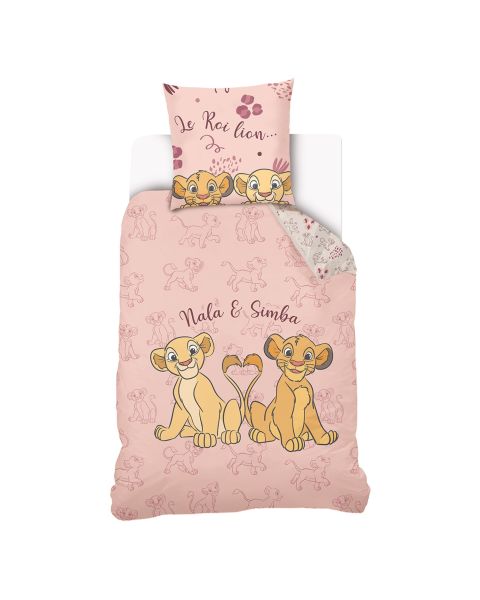 DISNEY - Housse de couette Roi Lion Nala et Simba love - 140x200 cm + 1 taie d'oreiller 63x63 cm - 100% Coton - Rose