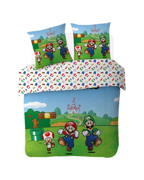 MARIO - Housse de couette Super Mario  + Taie D'Oreiller 63x63 cm - 100% Coton - Vert et bleu