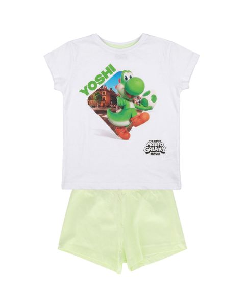 SUPER MARIO - Pyjashort Enfant Yoshi Mario Galaxy - 100% Coton - Style Sportswear Décontracté - Jersey doux 160 GSM - Blanc et Vert Pastel